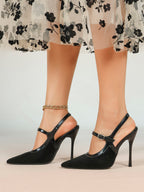 Pointed Toe Black Suede T‑Strap Slingback Heels Stiletto Shoes with Gold Buckle Evening Office