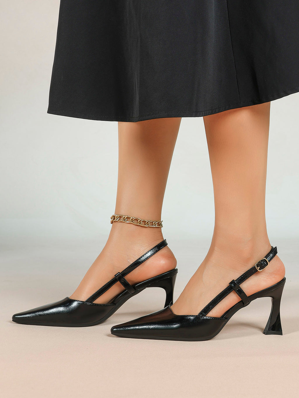 Black Pointed Toe Slingback Pumps Adjustable Buckle Flared High Heel Mules for Daily Office Evening Wear
