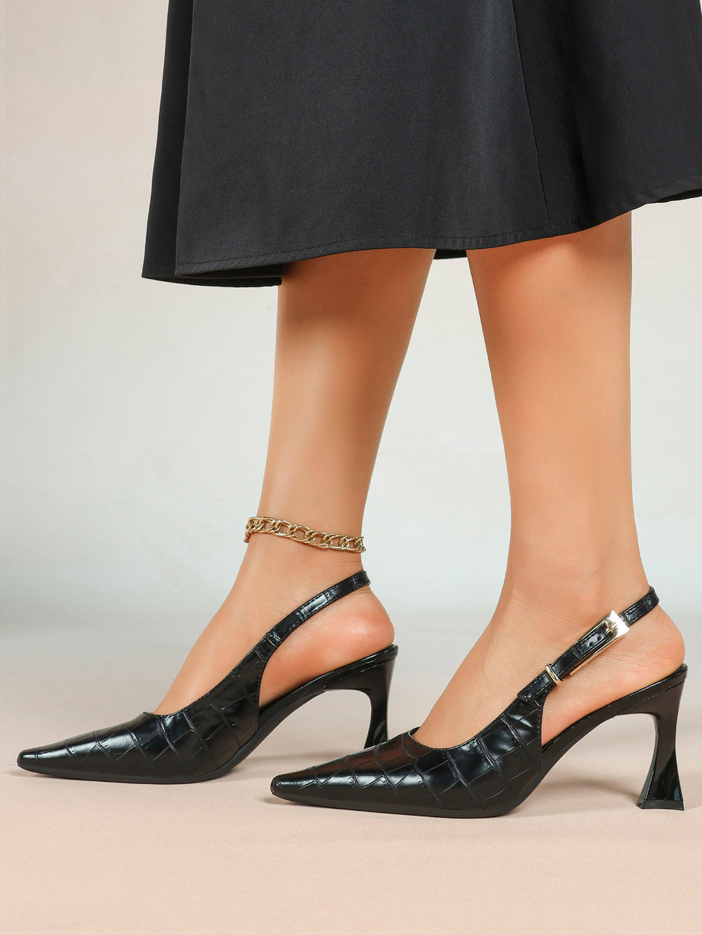 Black Croc‑Embossed PU Slingback Heels Pointed Toe Flared Heel Pumps Office Date Night