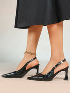 Black Croc‑Embossed PU Slingback Heels Pointed Toe Flared Heel Pumps Office Date Night