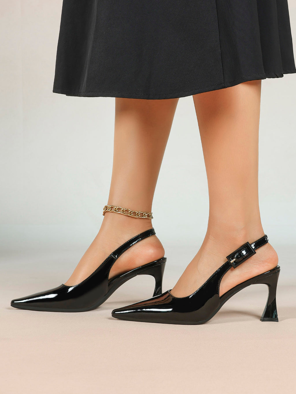 Women's Black Slingback Heels Pointed Toe Flared Heel Pumps Office Formal Event Daily Wear
