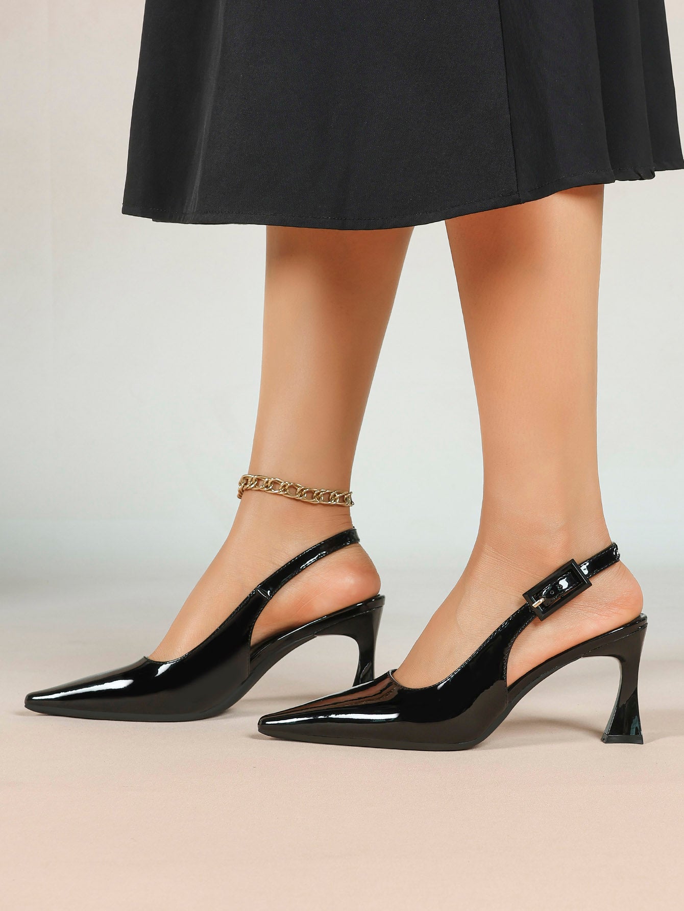 Women's Black Slingback Heels Pointed Toe Flared Heel Pumps Office Formal Event Daily Wear