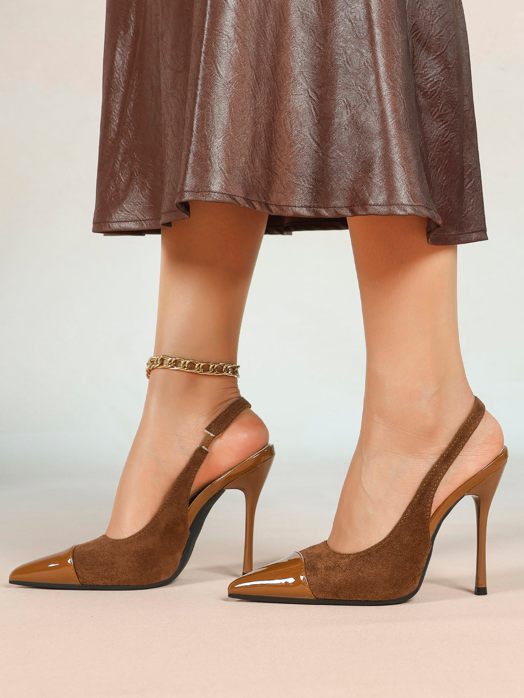 Brown Suede Pointed Toe Slingback Stiletto Chic Heels Dress Date Night