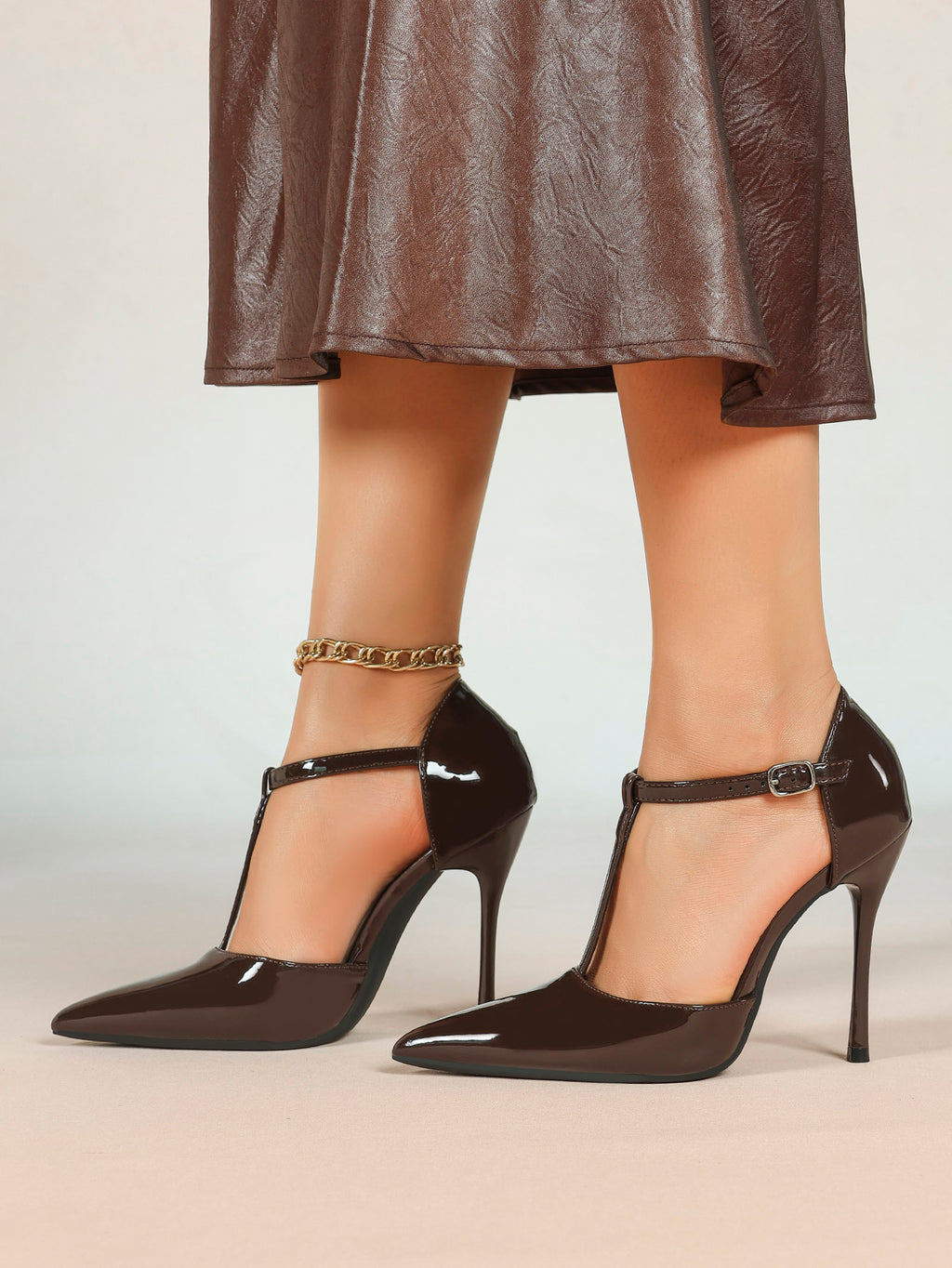 T‑Strap Ankle Strap Heels Pointed Toe Stiletto Shoes with Gold Buckle Wedding Party Office