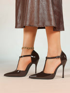 T‑Strap Ankle Strap Heels Pointed Toe Stiletto Shoes with Gold Buckle Wedding Party Office