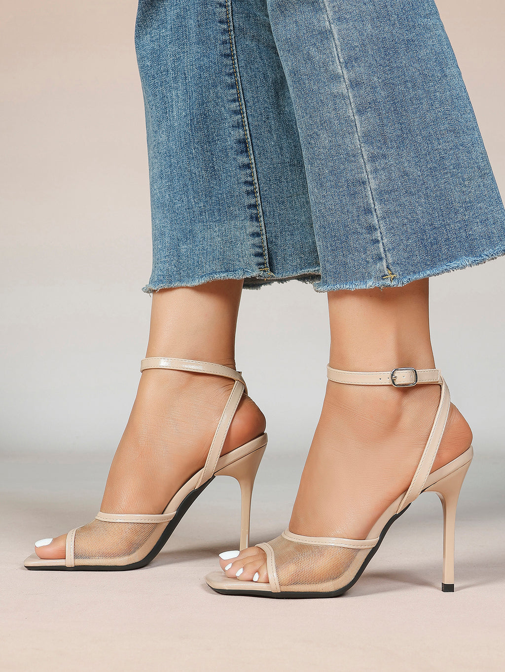 Mesh Panel Ankle Strap Heeled Sandals Square Toe Stiletto Pumps Wedding Party Office