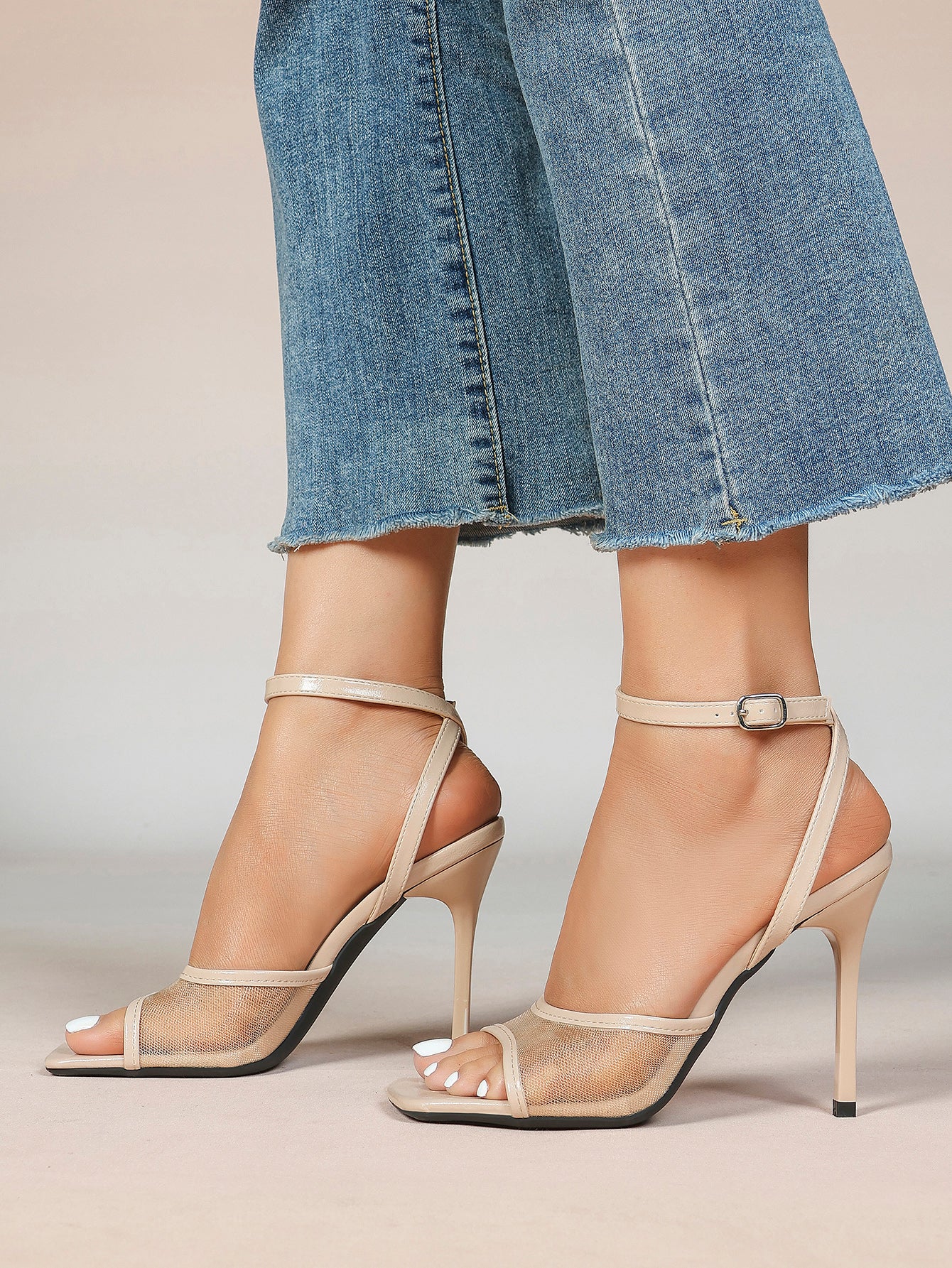 Mesh Panel Ankle Strap Heeled Sandals Square Toe Stiletto Pumps Wedding Party Office