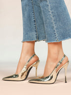 Pointed Toe Slingback Heels Metallic Party Clubwear