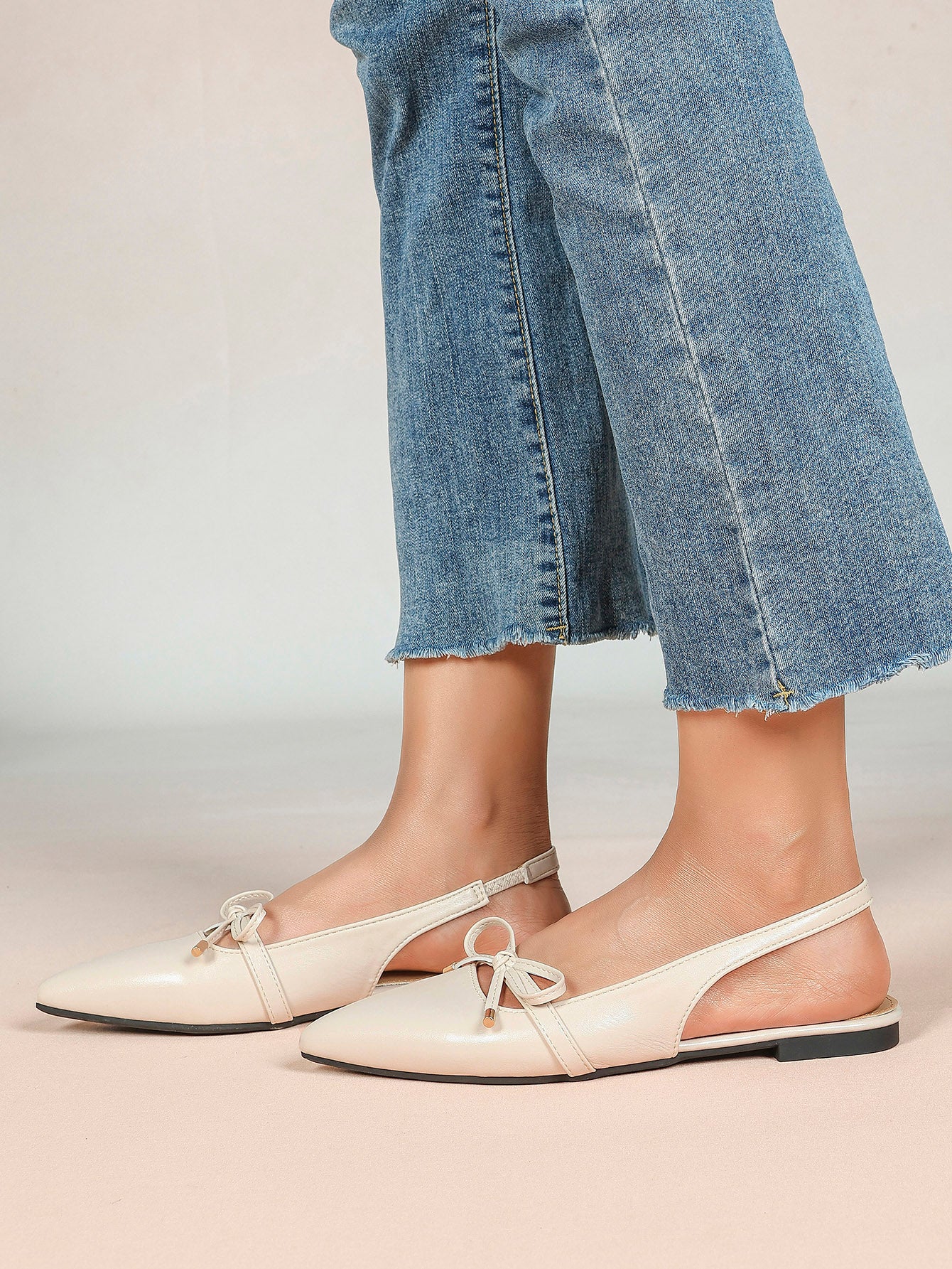 Beige Leather Bow Slingback Flats Pointed Toe Slip On Shoes Work Daily Wear