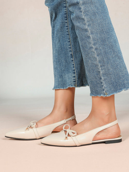 Beige Leather Bow Slingback Flats Pointed Toe Slip On Shoes Work Daily Wear
