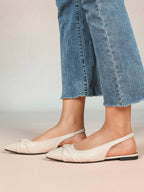 Women's Ivory Leather Twisted Knot Slingback Flats Pointed Toe Slip On Shoes