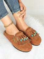 Women's Green Suede Tassel Bead Clogs Adjustable Buckle Casual Slip-On Birkenstock-Style Shoes