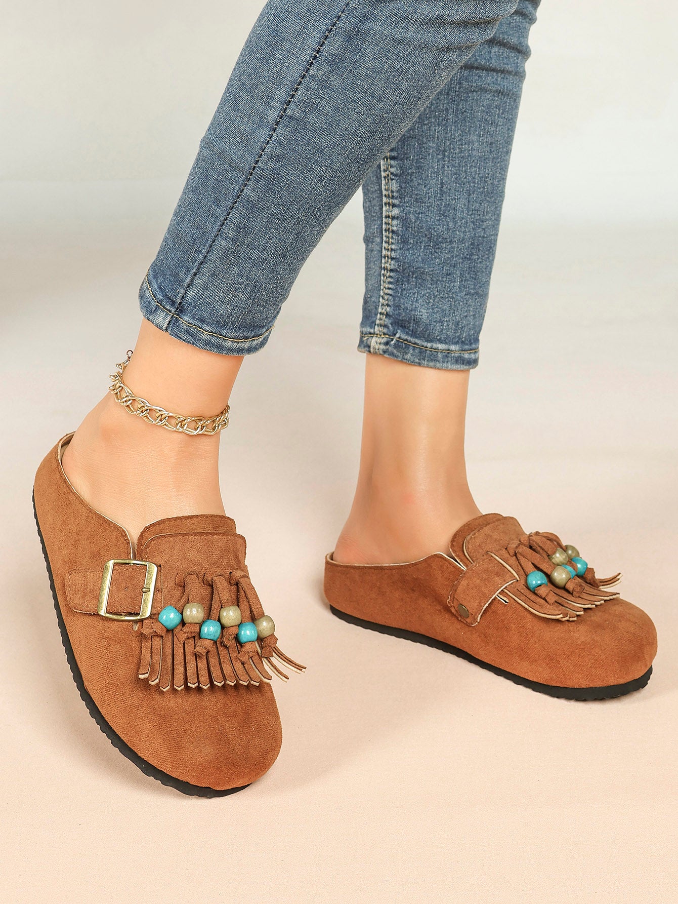 Women's Green Suede Tassel Bead Clogs Adjustable Buckle Casual Slip-On Birkenstock-Style Shoes