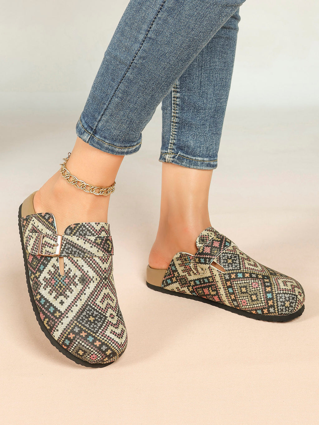 Bohemian Print Fabric Clogs Adjustable Buckle Casual Slip-On Birkenstock-Style Shoes