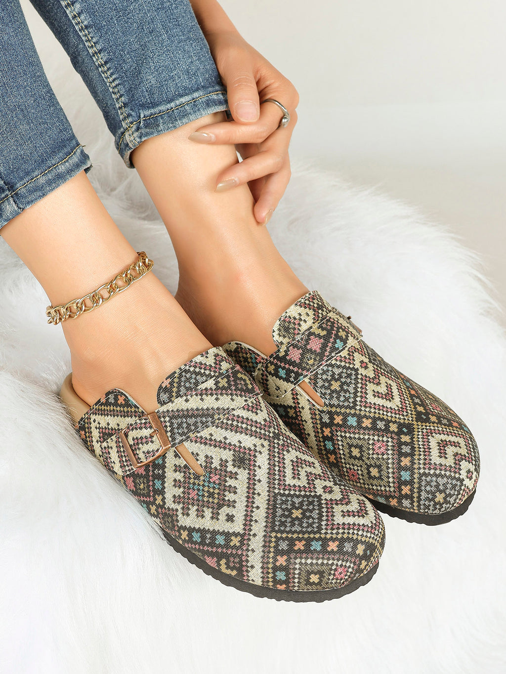 Bohemian Print Fabric Clogs Adjustable Buckle Casual Slip-On Birkenstock-Style Shoes