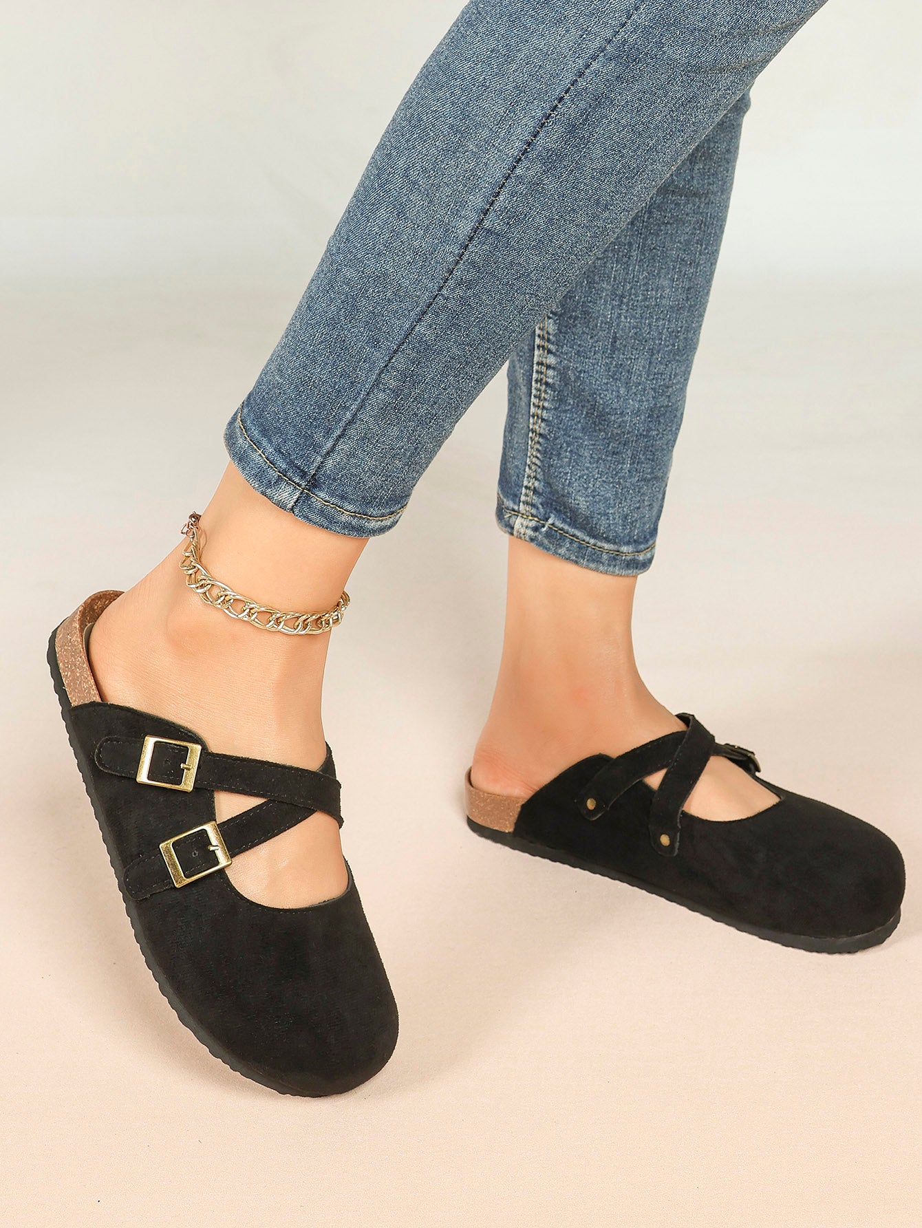 Crisscross Double Buckle Mary Jane Clogs Adjustable Slip-On Mules Flat Shoes Casual Daily Travel