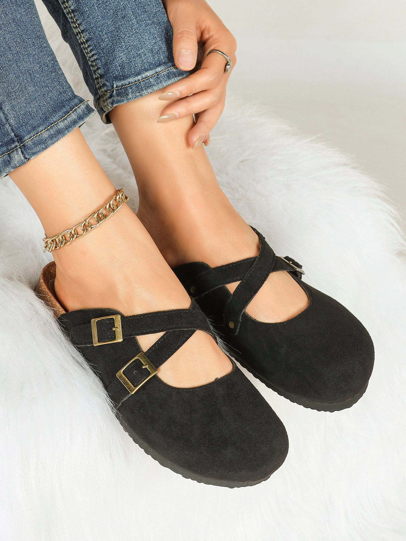 Crisscross Double Buckle Mary Jane Clogs Adjustable Slip-On Mules Flat Shoes Casual Daily Travel
