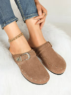 Women's Western Studded Suede Clogs Adjustable Ornate Buckle Slip-On Mules Casual Streetwear Shoes