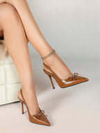 White Patent Leather Bow Slingback Heels Pointed Toe Stilettos Bridal Office