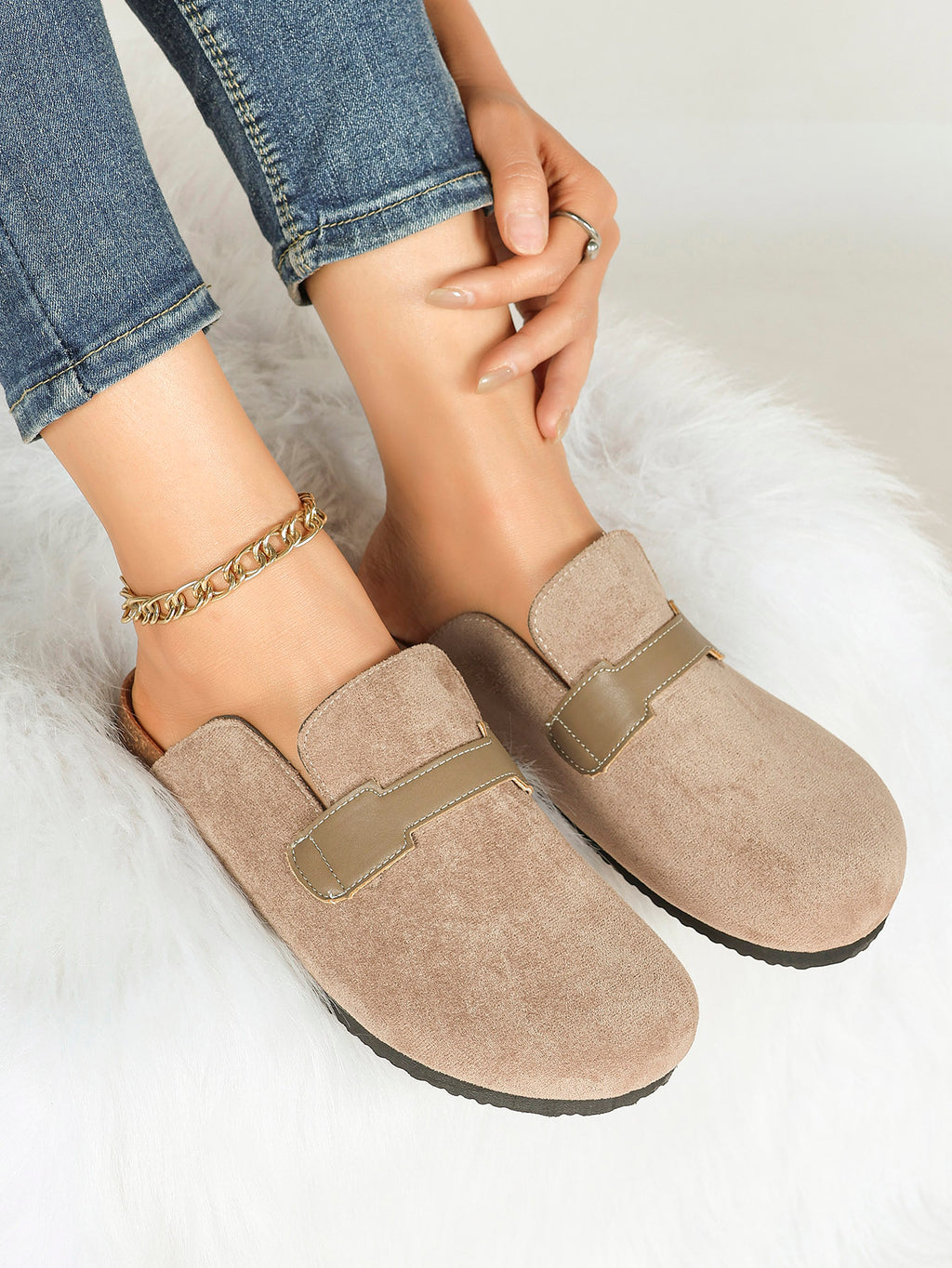 Women's Suede Slip-On Clogs Leather Strap Flat Mules Casual Shoes for Daily Travel