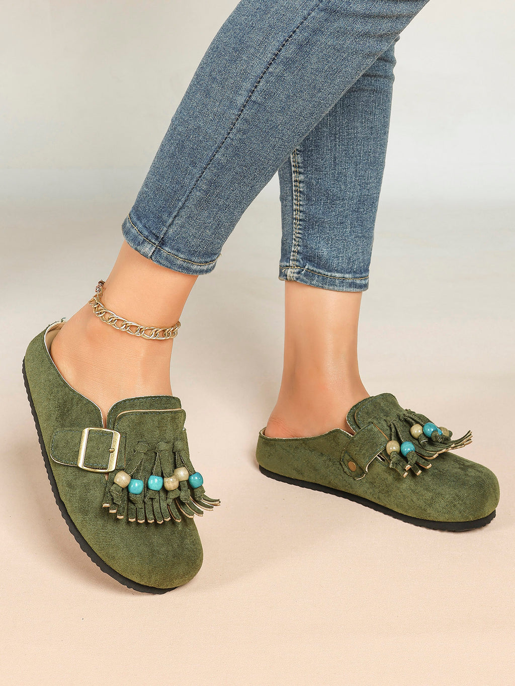 Women's Green Suede Tassel Bead Clogs Adjustable Buckle Casual Slip-On Birkenstock-Style Shoes