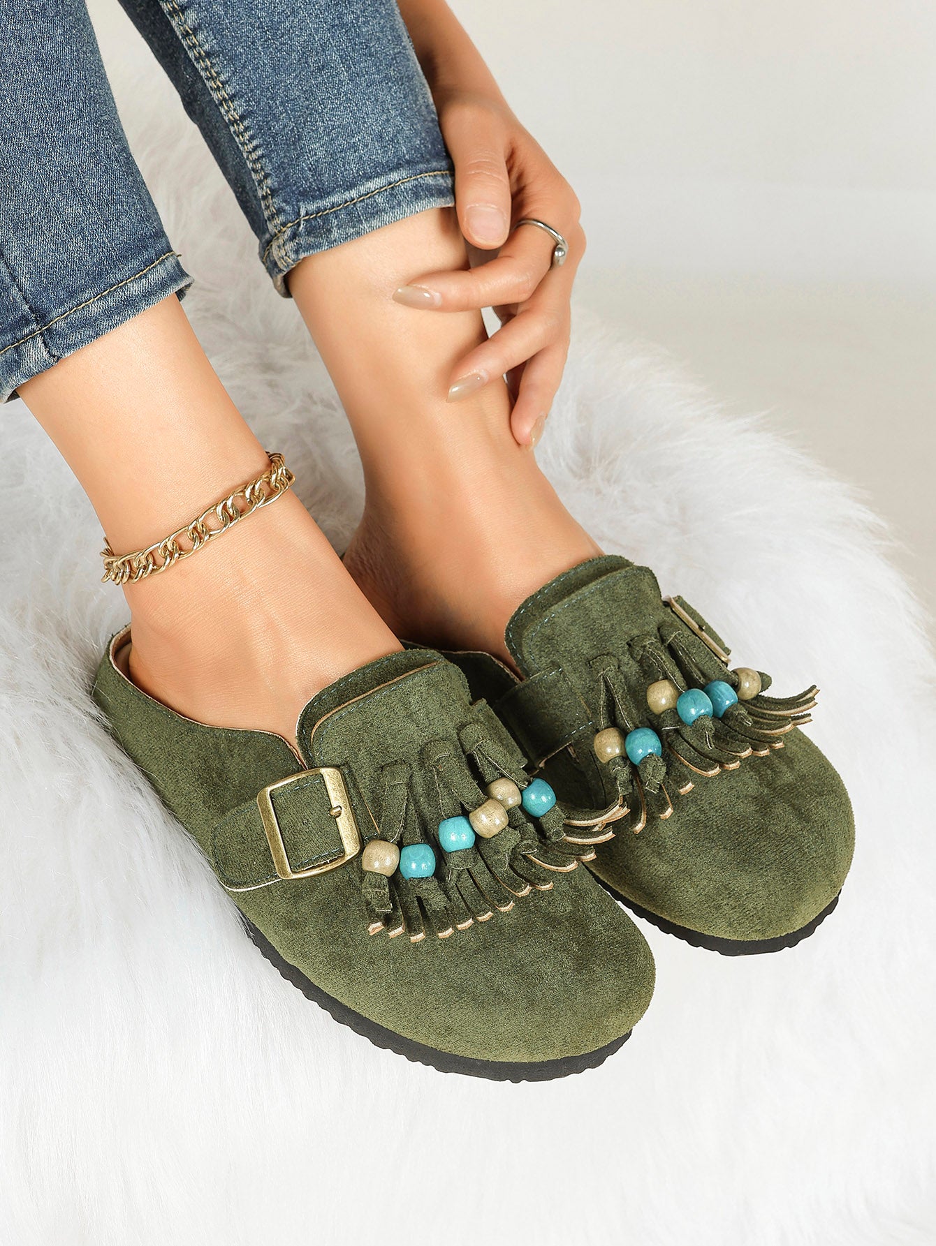 Women's Green Suede Tassel Bead Clogs Adjustable Buckle Casual Slip-On Birkenstock-Style Shoes