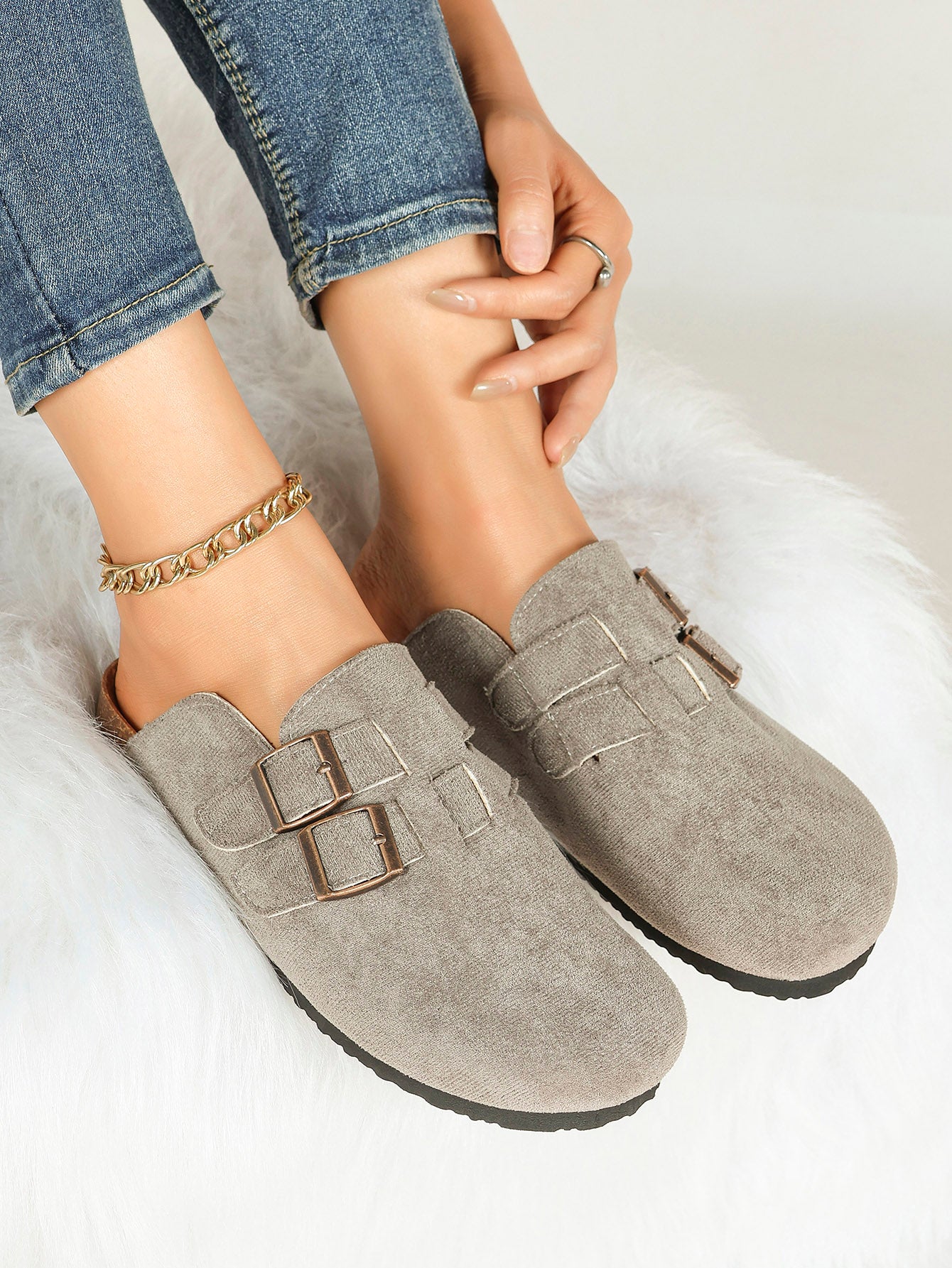 Black Suede Double Buckle Clogs Adjustable Casual Slip-On Birkenstock-Style Shoes