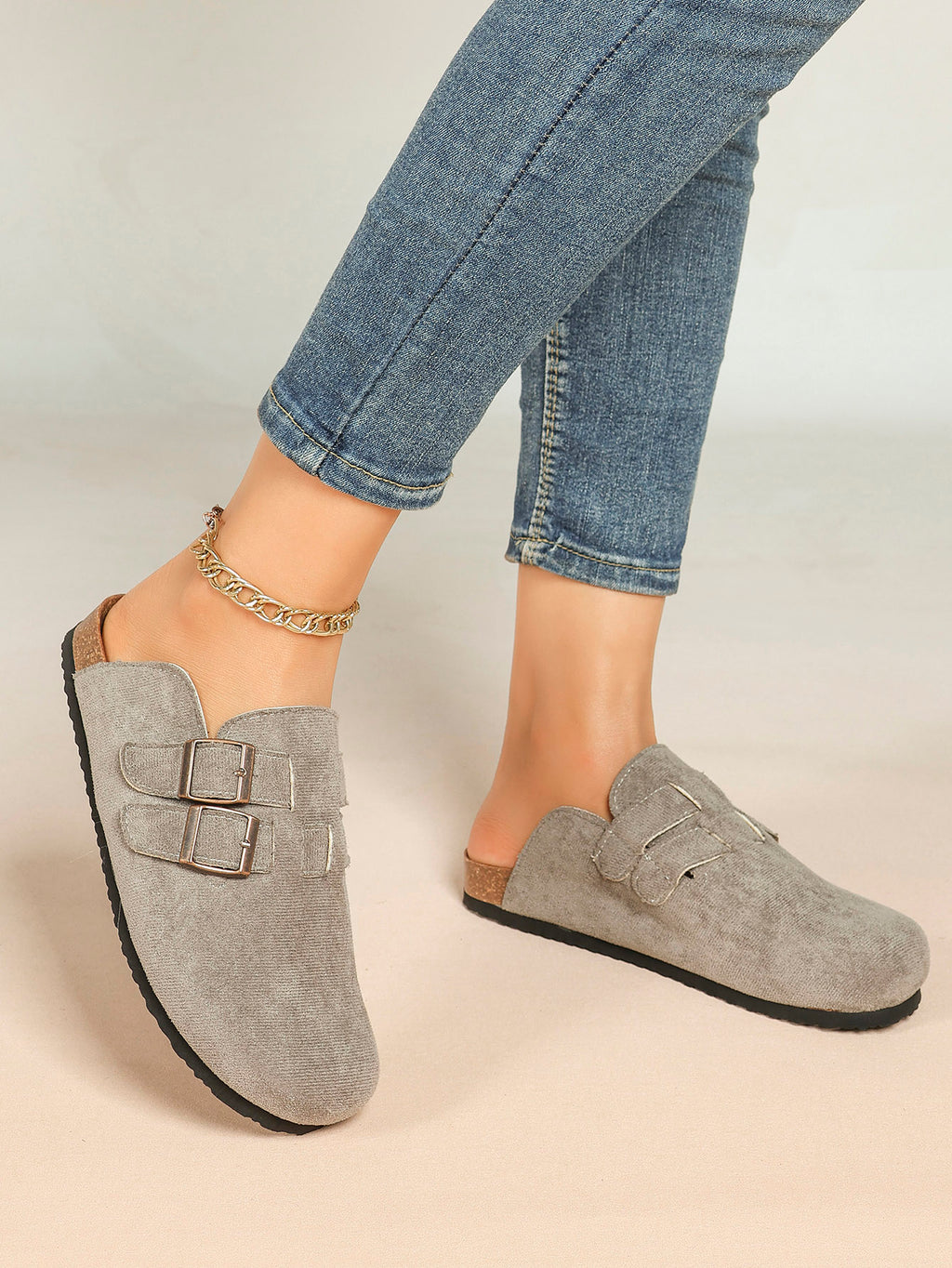 Black Suede Double Buckle Clogs Adjustable Casual Slip-On Birkenstock-Style Shoes