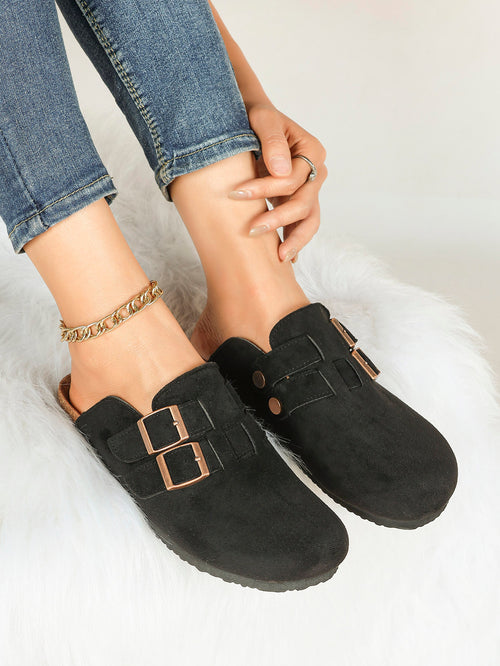 Black Suede Double Buckle Clogs Adjustable Casual Slip-On Birkenstock-Style Shoes