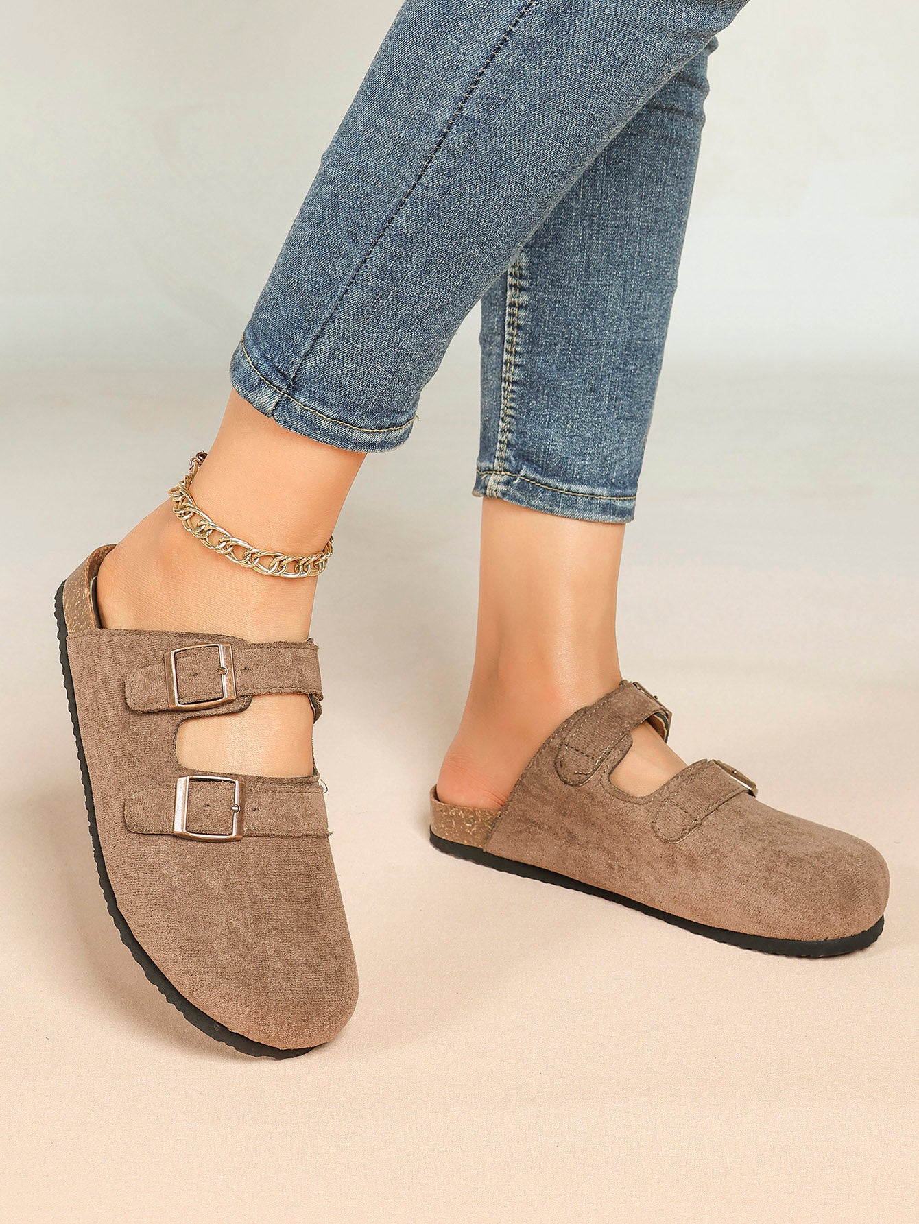 Double Buckle Clogs Slip-On Mules Flat Shoes for Casual Daily Office Travel