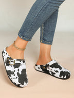 Women's Cow Print Faux Fur Clogs Adjustable Buckle Casual Slip-On Birkenstock-Style Shoes