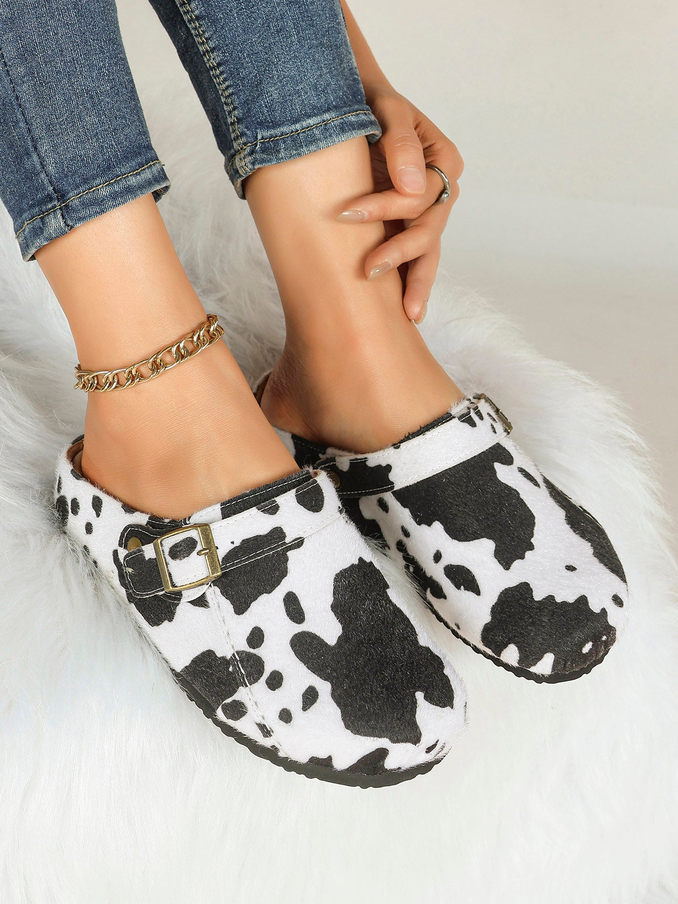 Women's Cow Print Faux Fur Clogs Adjustable Buckle Casual Slip-On Birkenstock-Style Shoes