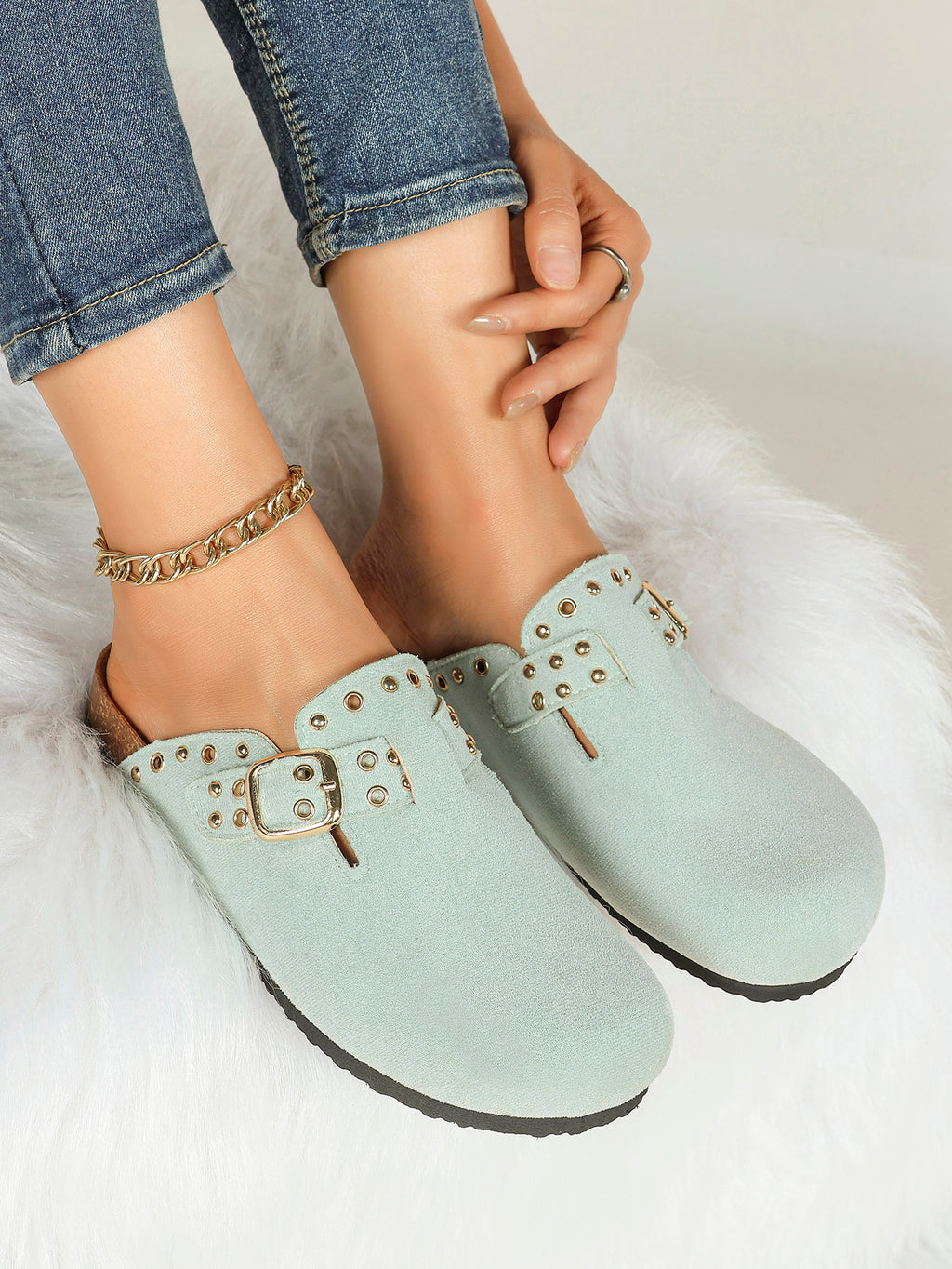 Mint Green Suede Studded Clogs Adjustable Buckle Casual Slip-On Shoes