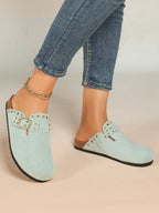Mint Green Suede Studded Clogs Adjustable Buckle Casual Slip-On Shoes