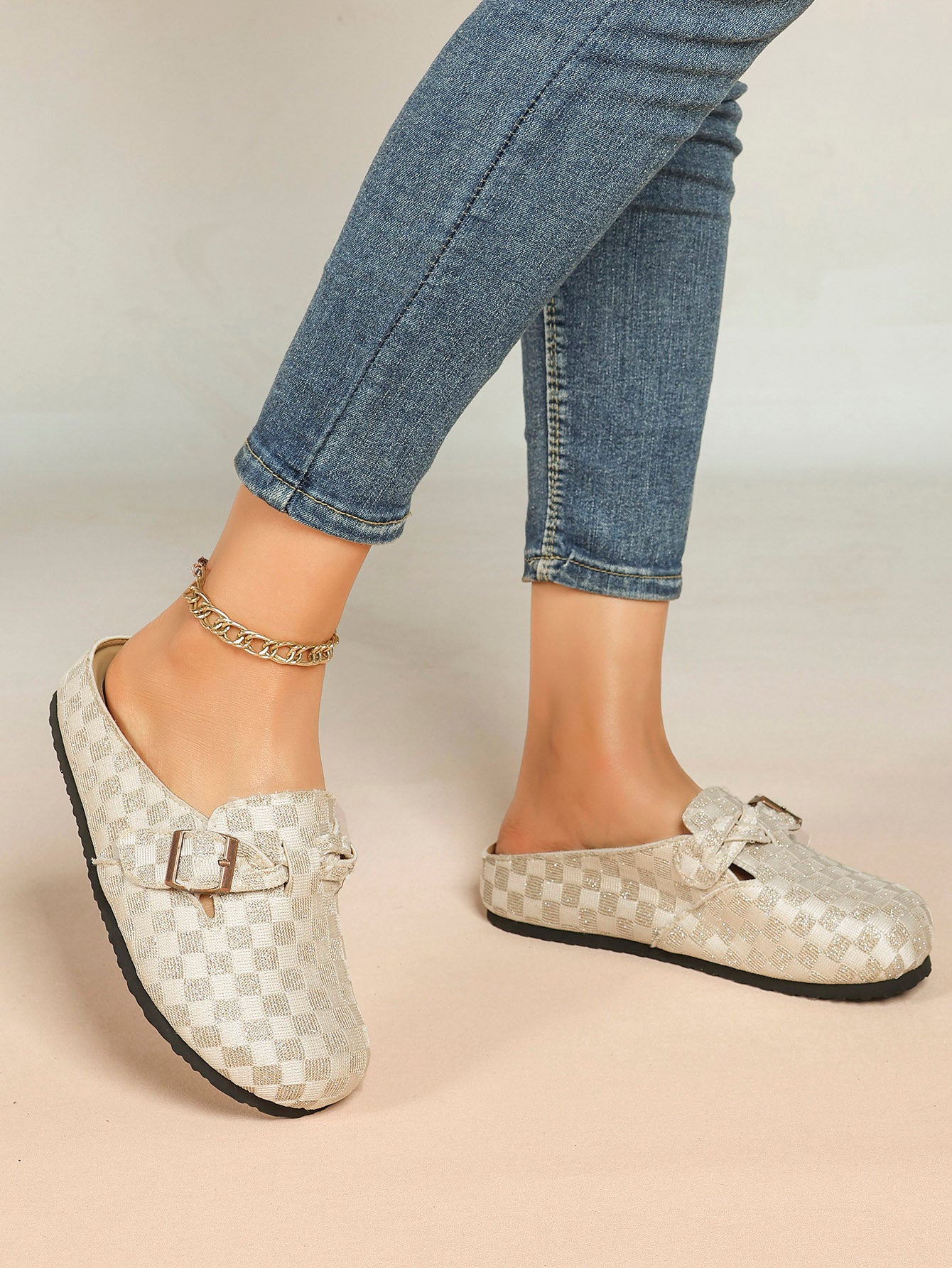 Beige Checkered Fabric Clogs Adjustable Buckle Casual Slip-On Birkenstock-Style Shoes