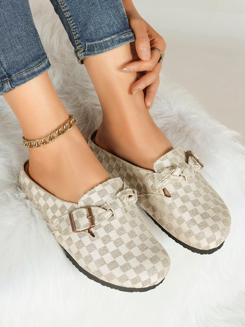 Beige Checkered Fabric Clogs Adjustable Buckle Casual Slip-On Birkenstock-Style Shoes