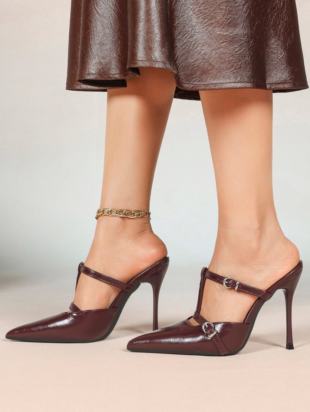Women's Black Patent Leather Pointed Toe T-Strap Stiletto Mules