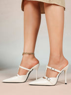 Women's Black Patent Leather Pointed Toe T-Strap Stiletto Mules