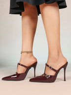 Women's Black Patent Leather Pointed Toe T-Strap Stiletto Mules