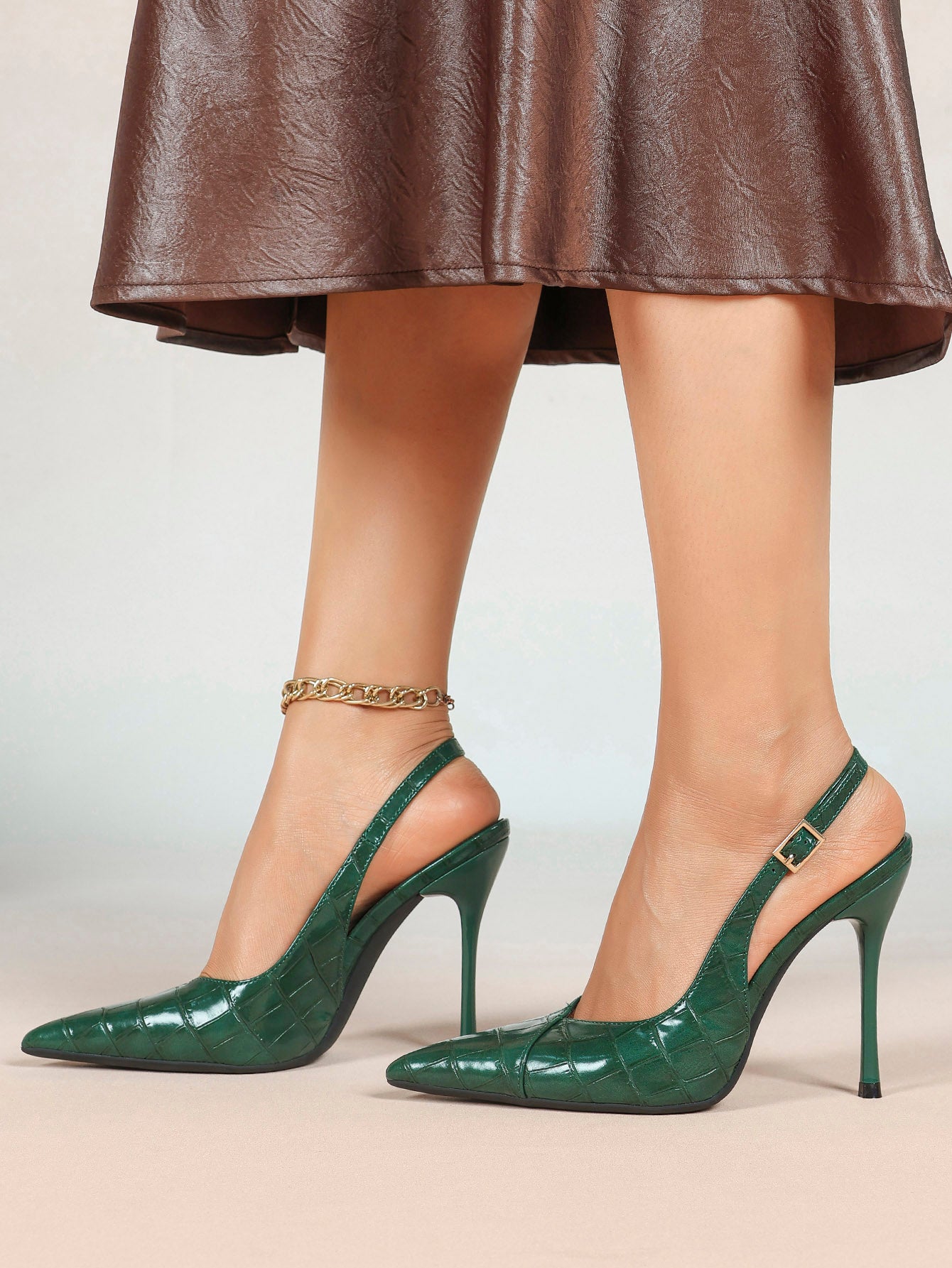 Women's Black Slingback Heels Pointed Toe Gold Buckle Stilettos Office Meeting Formal Evening Pumps