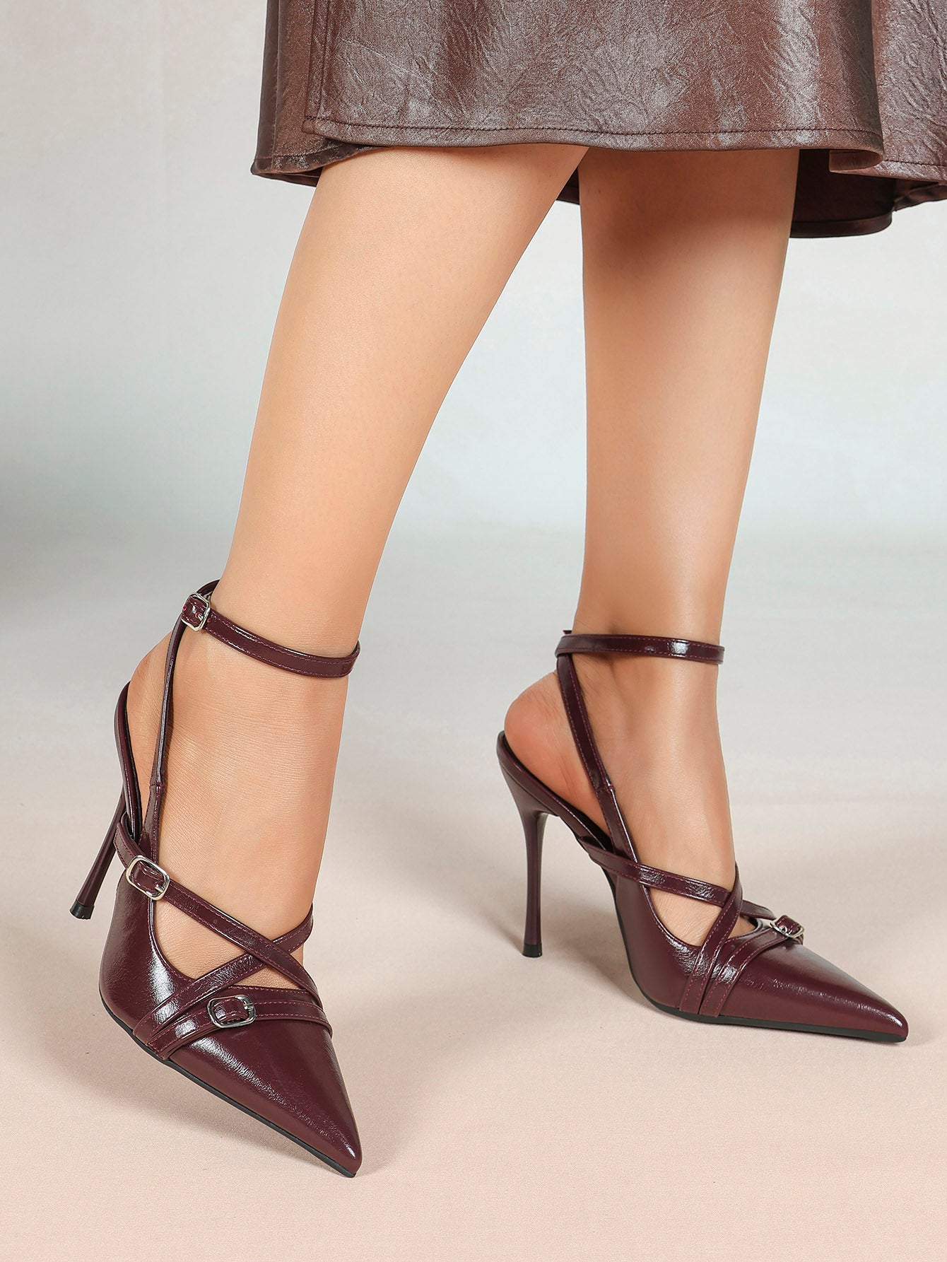 Black Patent Leather Pointed Toe Stiletto Heels Multi Strap Ankle Buckle Party Clubwear