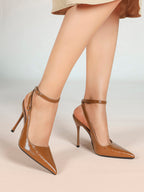 White Pointed Toe Slingback Heels Double Buckle Ankle Strap Pumps Stilettos Office Wedding Shoes