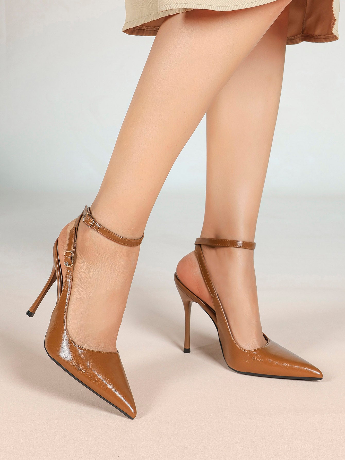 White Pointed Toe Slingback Heels Double Buckle Ankle Strap Pumps Stilettos Office Wedding Shoes