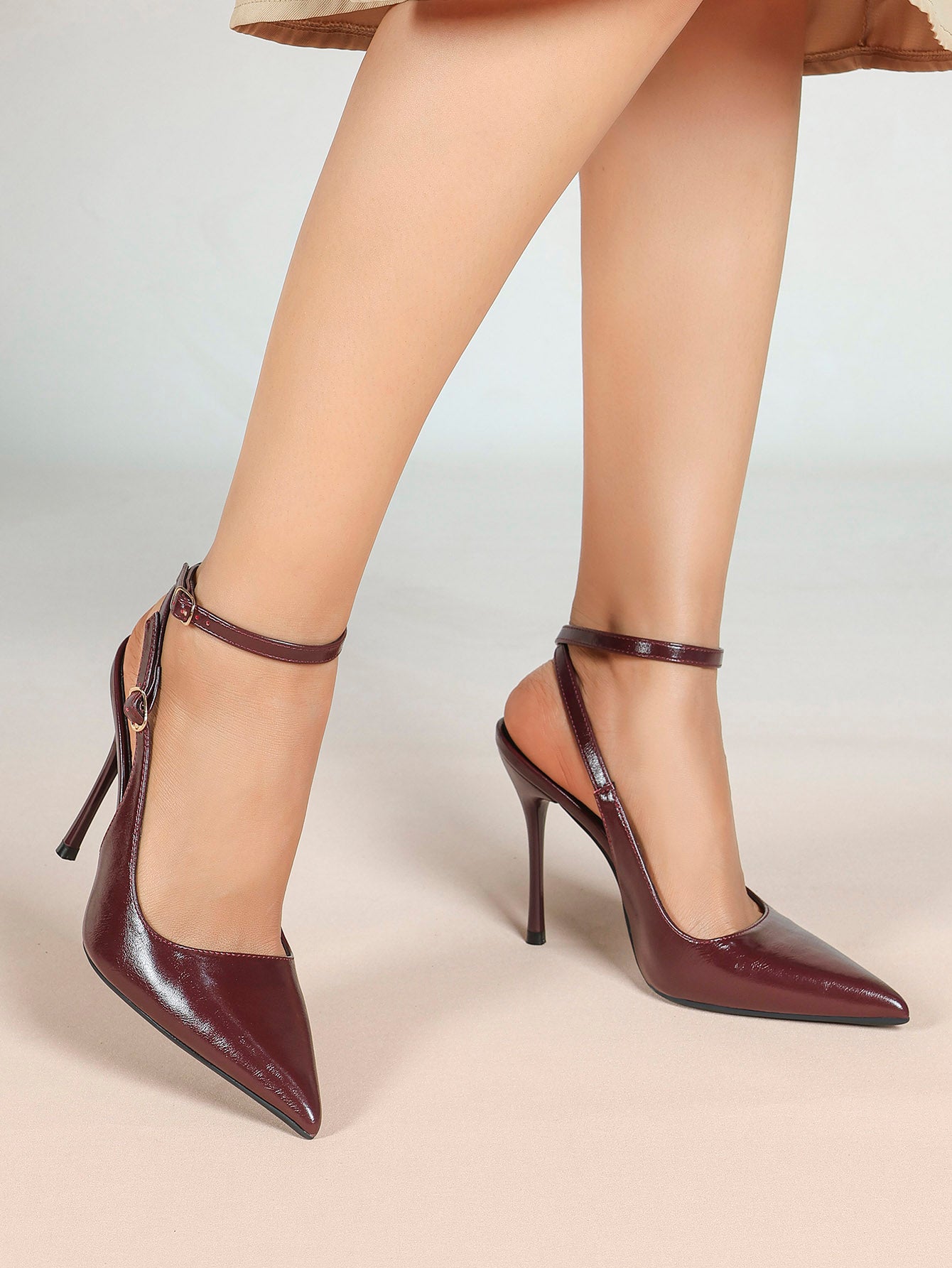 White Pointed Toe Slingback Heels Double Buckle Ankle Strap Pumps Stilettos Office Wedding Shoes