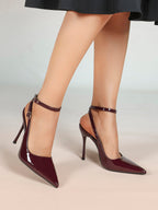 White Pointed Toe Slingback Heels Double Buckle Ankle Strap Pumps Stilettos Office Wedding Shoes