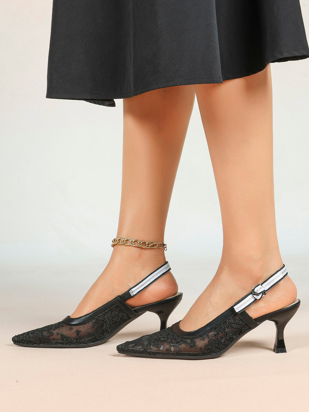Women's Lace Slingback Heels Pointed Toe Kitten Heel Pumps Elegant Shoes