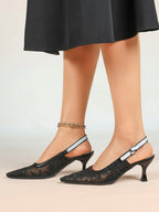 Women's Lace Slingback Heels Pointed Toe Kitten Heel Pumps Elegant Shoes
