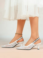 Women's Lace Slingback Heels Pointed Toe Kitten Heel Pumps Elegant Shoes