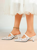 Lace Mule Heels Pointed Toe Kitten Heel Slides Single Strap Elegant Shoes Party Evening Heels