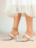White Floral Lace Mule Heels Pointed Toe Kitten Heel Slip On Dress Shoes Wedding Party